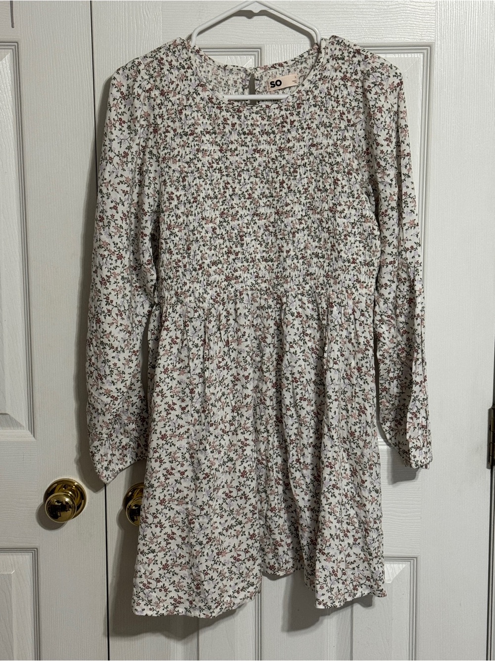 SO White Floral Long Sleeve Smocked Dress